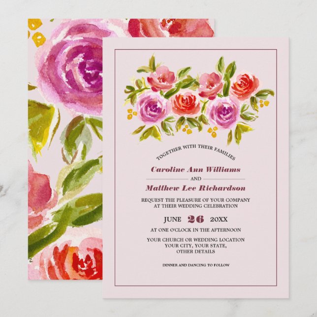 Invitation Mauve Peach Rouge Floral Mariage aquarelle (Devant / Derrière)