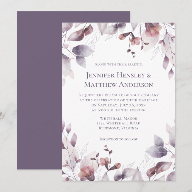 Invitation Mauve rose Dusty violet Mariage Floral (Devant / Derrière)