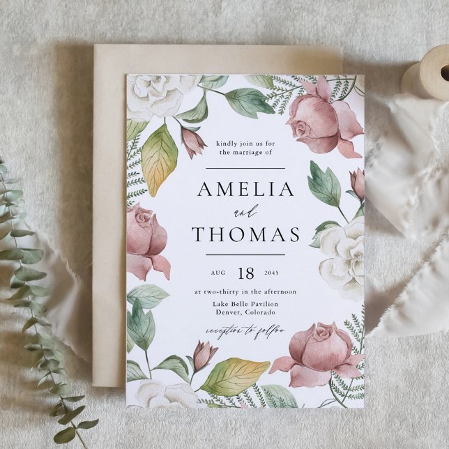 Invitation Mauve rose et blanc Roses Floral Mariage Wreath (Mauve Pink and White Roses Floral Wreath Wedding Invitation)