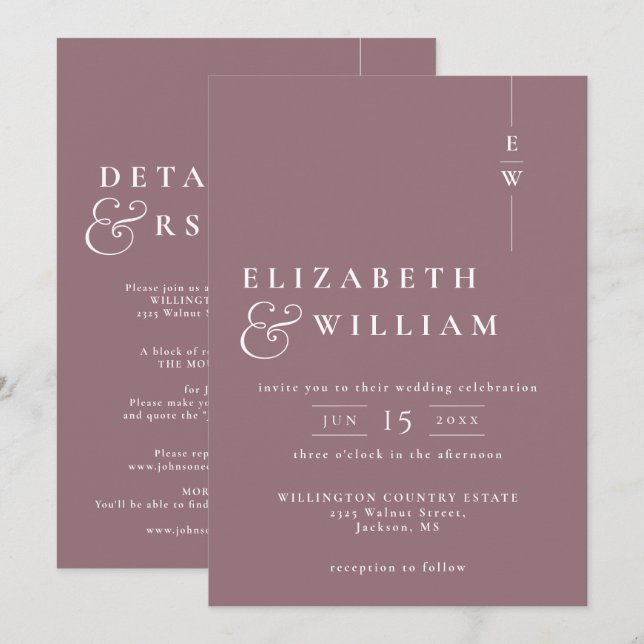 Invitation Mauve Tout en un Mariage Monogramme moderne (Devant / Derrière)