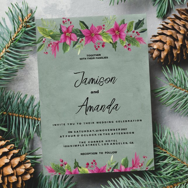 Invitation Mauve vert rose hiver floral Mariage de Noël (Mauve green pink winter floral Christmas Wedding )
