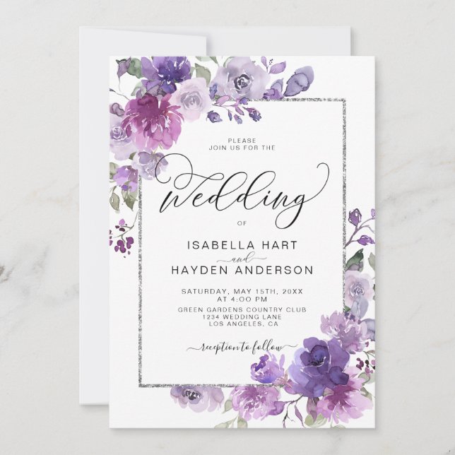 Invitation Mauve Violet Lilac Floral Argent Mariage (Devant)