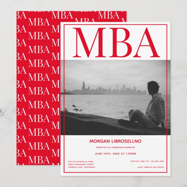 Invitation MBA diplôme White Red Photo Graduation Party (Devant / Derrière)
