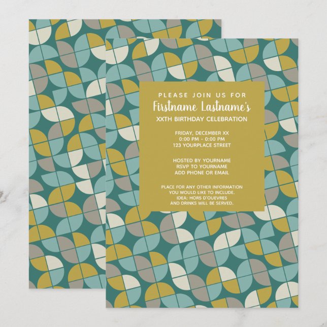 Invitation MCM Motif - funky turquoise or vert fête d'anniver (Devant / Derrière)