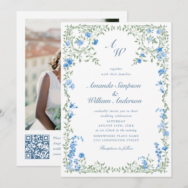 Invitation Meadow Blue Rose Mariage code QR Photo (Devant / Derrière)