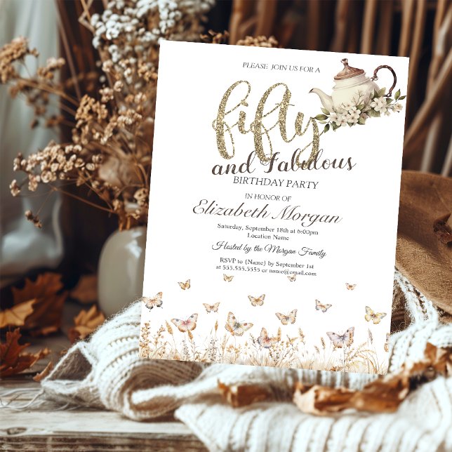 Invitation Meadow Butterflies Tea Cup 50e anniversaire (Créateur téléchargé)