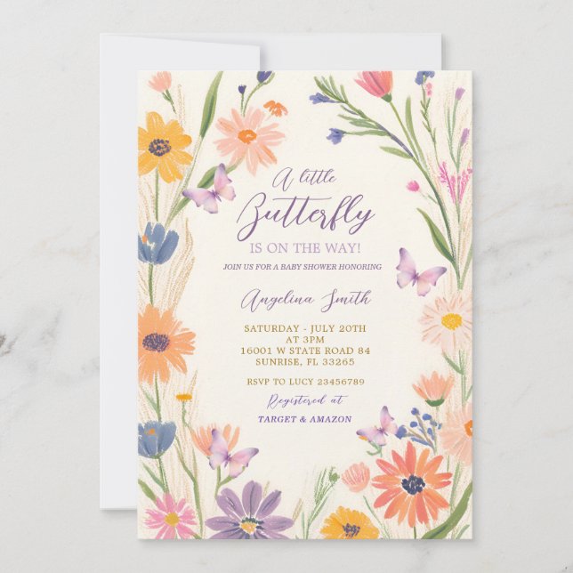 Invitation Meadow Garden Fleur sauvage  Papillons Baby shower (Devant)