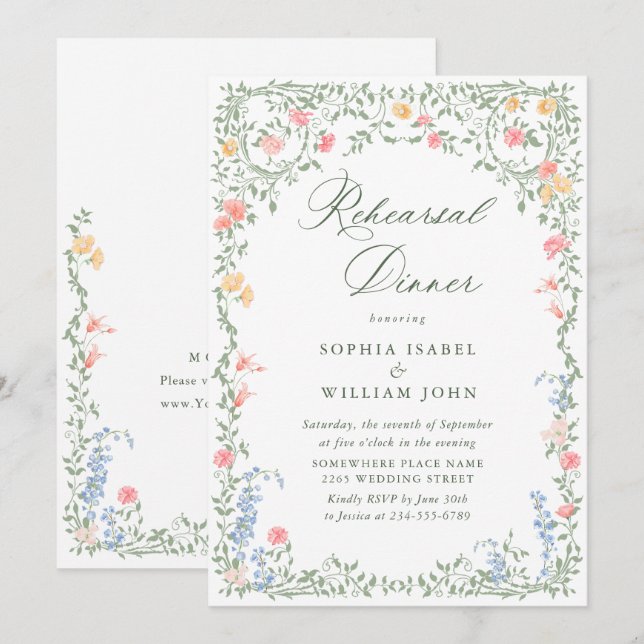 Invitation Meadow Pastel Dîner de répétition Florale Rose (Devant / Derrière)