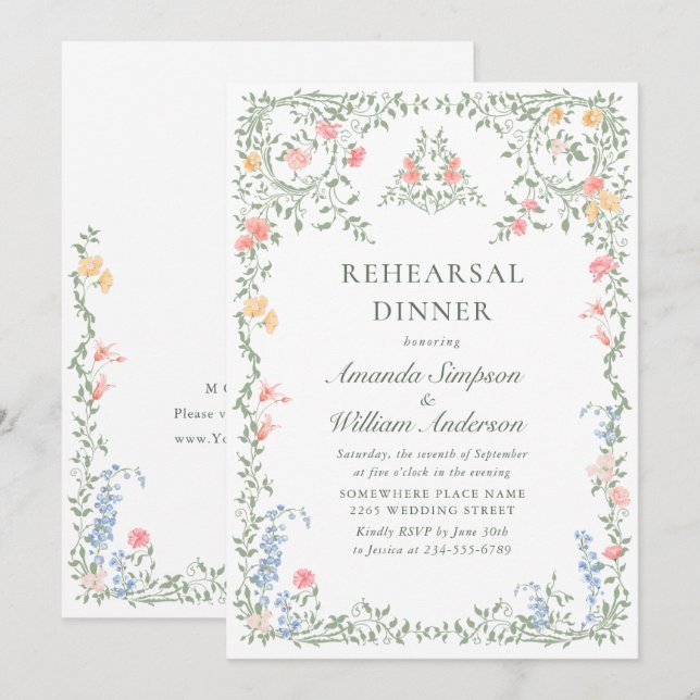 Invitation Meadow Pastel Dîner de répétition Florale Rose (Devant / Derrière)