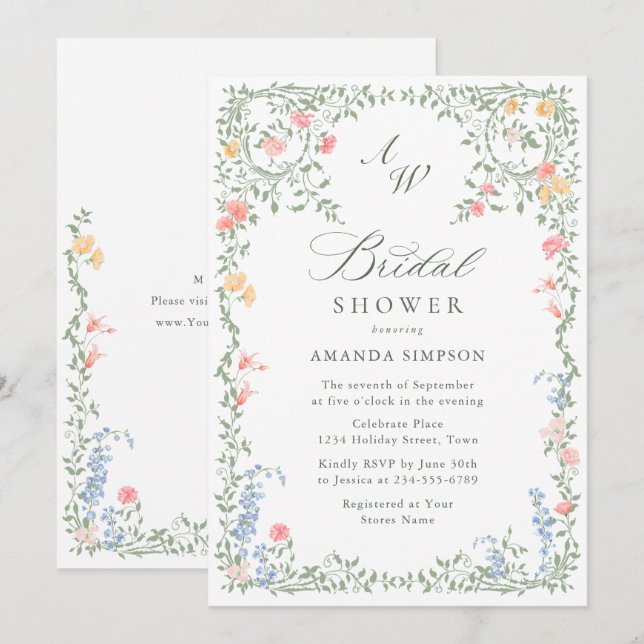 Invitation Meadow Pastel Français Rose Fête des mariées Flora (Devant / Derrière)