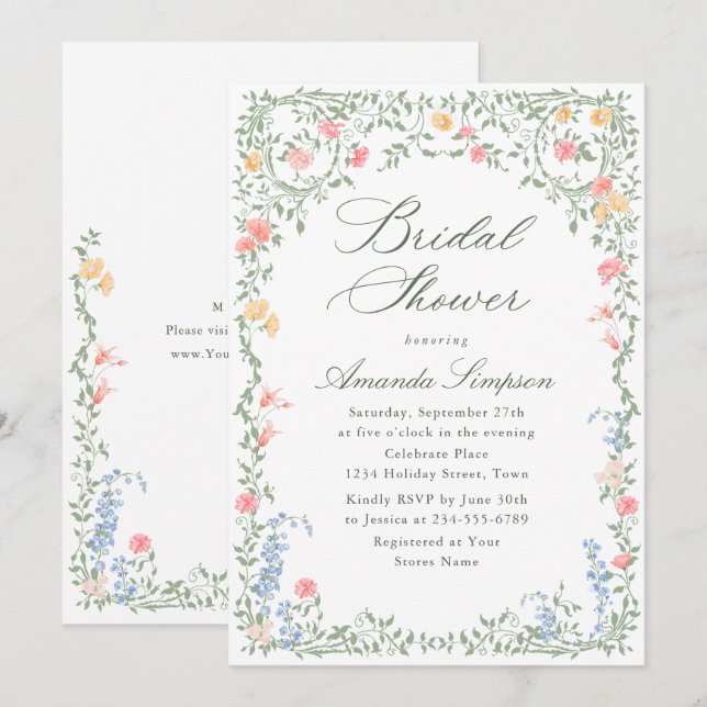 Invitation Meadow Pastel Français Rose Fête des mariées Flora (Devant / Derrière)