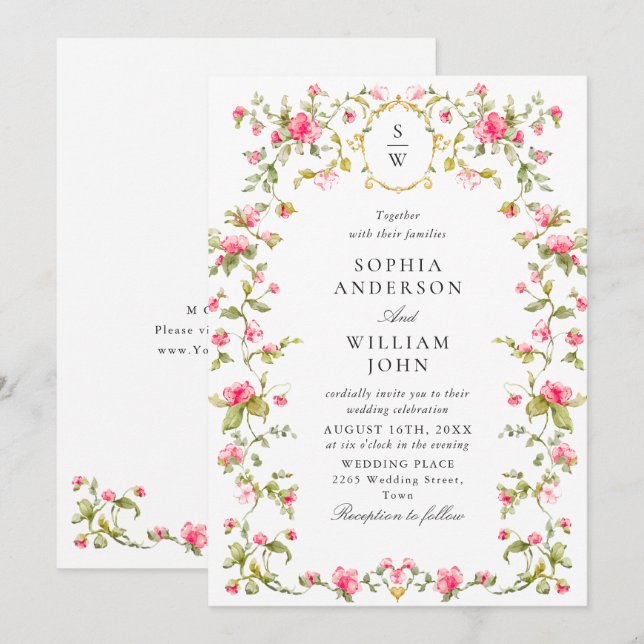Invitation Meadow Pastel Français Rose Floral Mariage (Devant / Derrière)