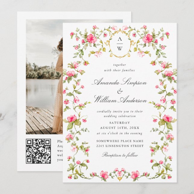 Invitation Meadow Pastel Français Rose Floral Mariage (Devant / Derrière)