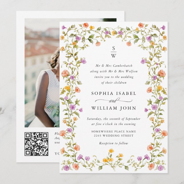 Invitation Meadow Pastel Rose Floral Mariage code QR (Devant / Derrière)