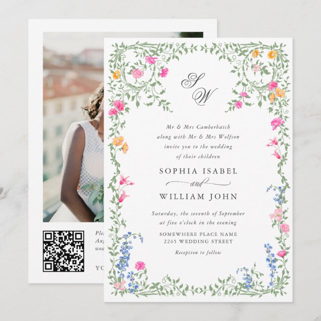 Invitation Meadow Pastel Rose Floral Mariage code QR (Devant / Derrière)
