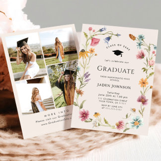 Invitation Meadow Wildflower Boho 4 Photo Graduation Party