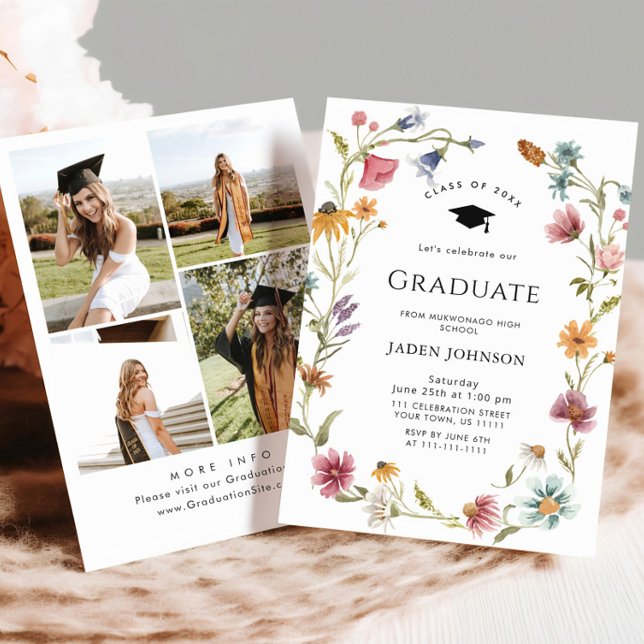 Invitation Meadow Wildflower Boho 4 Photo Graduation Party (Créateur téléchargé)