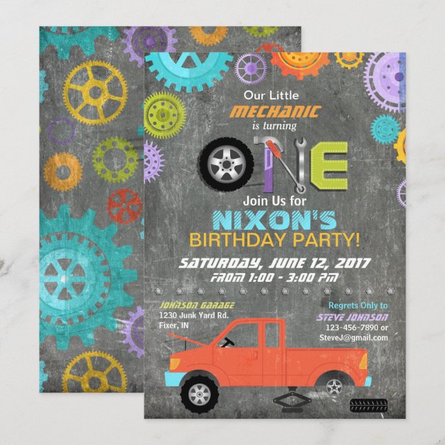 Invitation Mécanicien de voiture Outils tableau de bord Anniv (Devant / Derrière)