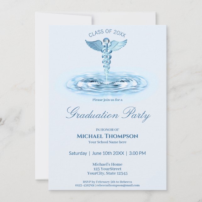Invitation Médicale Blue Caduceus Water Ripples Graduation (Devant)
