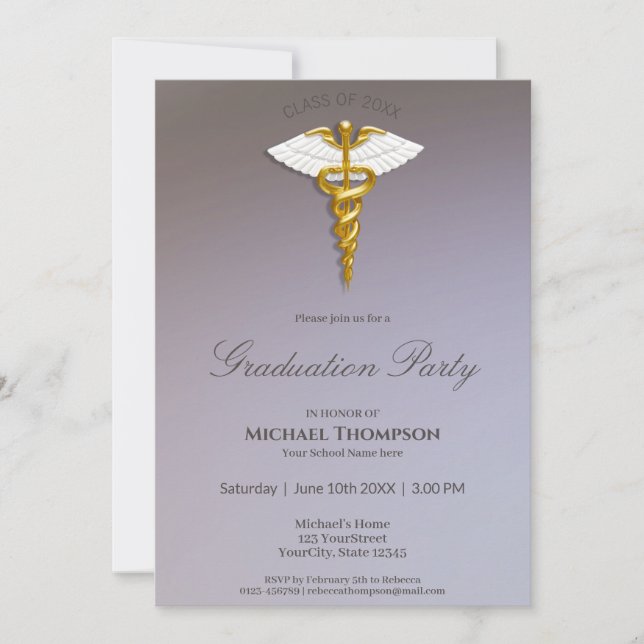 Invitation Médicale Gold Caduceus White Wings Graduation (Devant)