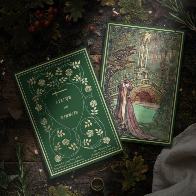 Invitation Médiéval Gold Floral Coeurs et Mariage d'épée (Créateur téléchargé)