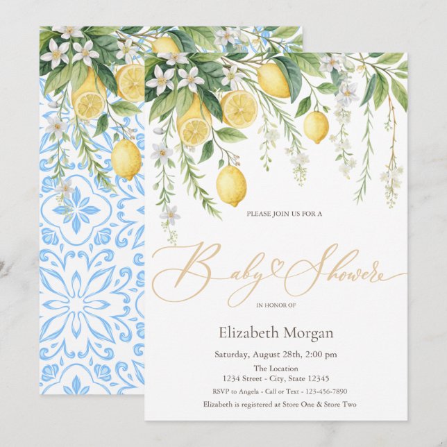 Invitation Mediterranean Blooming Lemons Baby Shower (Devant / Derrière)