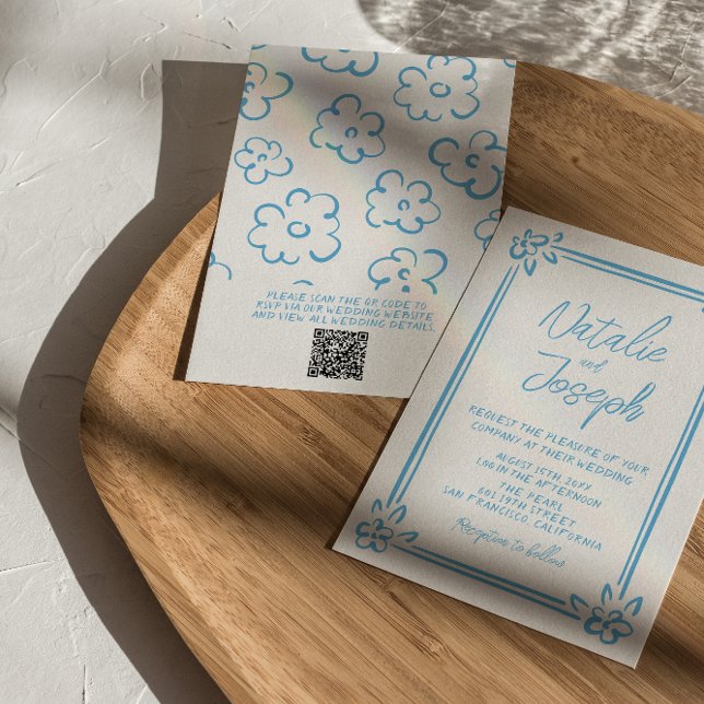 Invitation Méditerranée Bleu dessiné Italie QR Code Mariage (Créateur téléchargé)