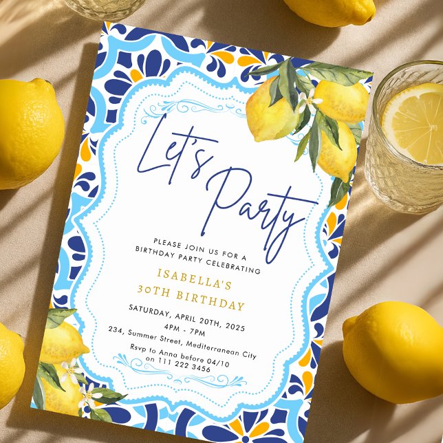 Invitation Méditerranée Majolica tuiles citrons fête d'annive (Mediterranean Majolica Tiles Lemons Birthday Party Invitation)