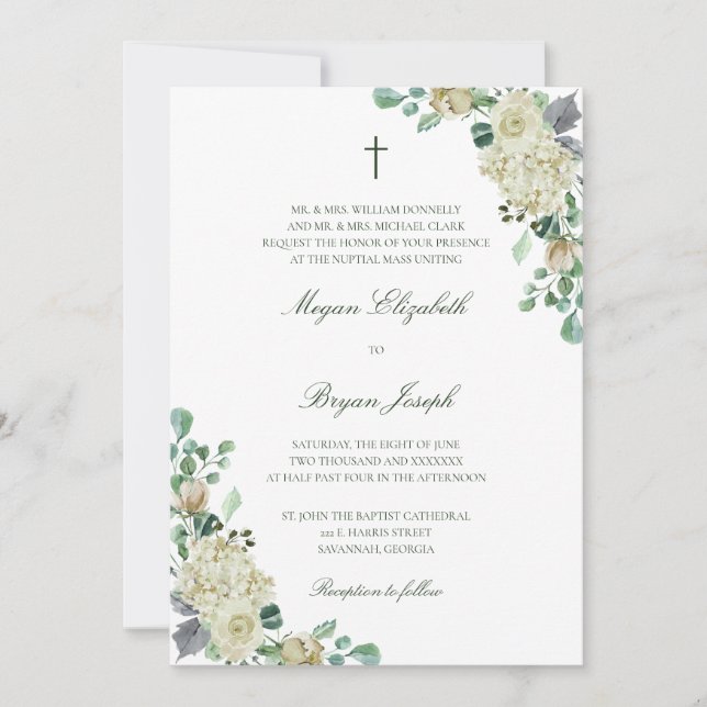 Invitation Megan Floral Aquarelle Croix Mariage catholique (Devant)