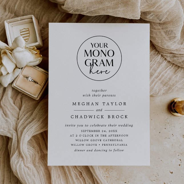 Invitation MEGHAN Elegant Crest Monogramme noir blanc Mariage (MEGHAN Elegant Crest Monogram Black White Wedding Invitation)