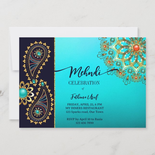 Invitation Mehndi bleu turquoise or bijoux cachemire invitati (Devant)