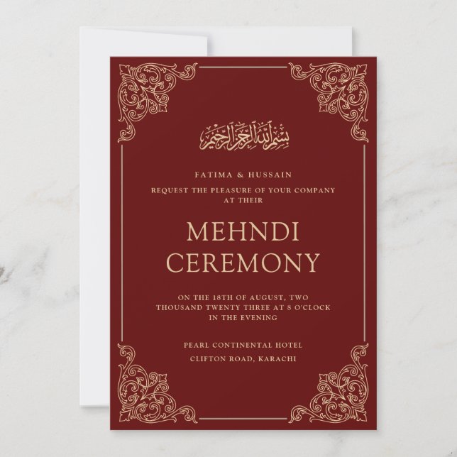 Invitation Mehndi Bourgogne Mariage musulman musulman rouge (Devant)