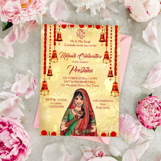 Invitation Mehndi mariage indien rouge et or (Mehndi Indian wedding template invitation gold and red carnation bell garlands Indian bride cartoon)