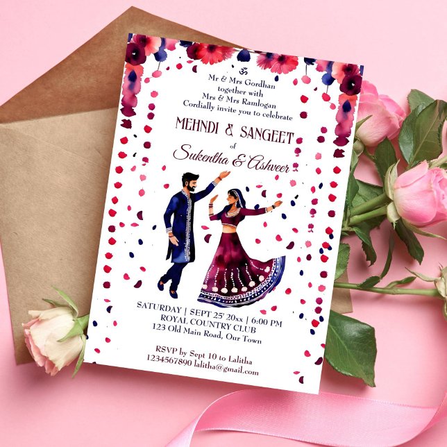 Invitation Mehndi Sangeet mariage indien aquarelle moderne (Mehndi and Sangeet Indian wedding dancing bridal couple template invitation instant download maroon)