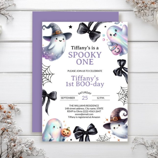 Invitation Meilleur fantôme éffrayant Halloween 1 anniversair (Cute pastel ghost birthday invitation with bows and cobwebs — perfect for a Halloween party)