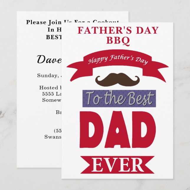 Invitation Meilleur papa jamais Fête des pères Mustache BBQ P (Devant / Derrière)