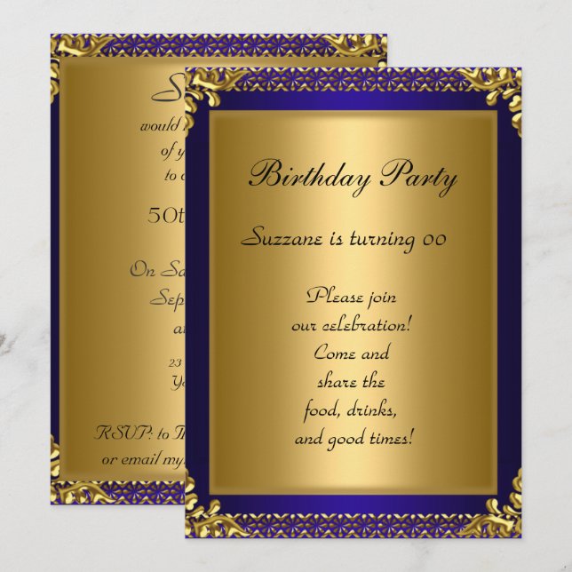 Invitation Meilleure 50ème Gold Blue Anniversaire Party (Devant / Derrière)