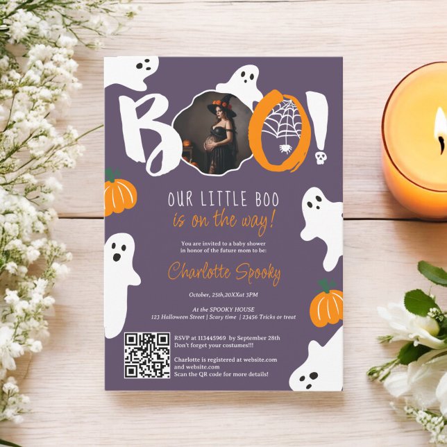 Invitation Mélange notre petit baby shower photo de fantôme d (Cute our little boo ghost purple photo baby shower invitation)