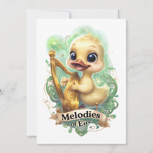 Invitation Mélodies de l'Éire" Kawaii Canard Jouer une Harpe  (Devant)