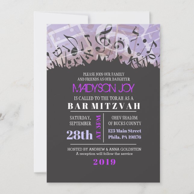 Invitation MELODY de l'invitation du Bat mitzvah du bar TORAH (Devant)