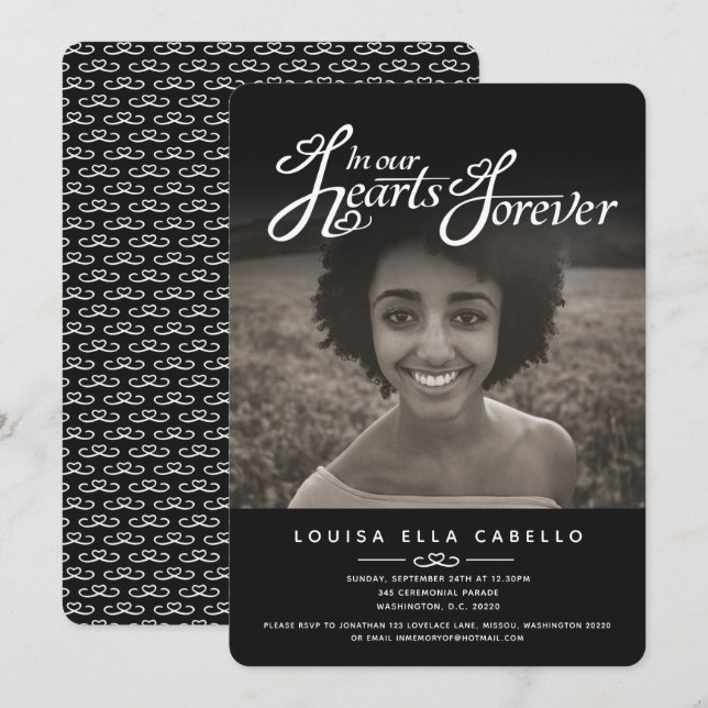 Invitation Mémorial dans les coeurs photo funérailles invitat (Devant / Derrière)