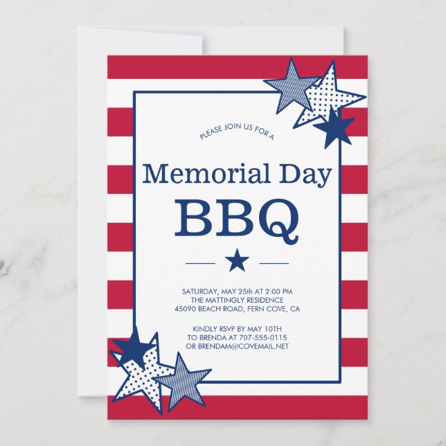 Invitation Memorial Day Bold Stars and Stripes Patriotic BBQ (Devant)