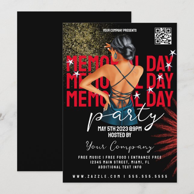 Invitation Memorial Day Event Patriotic Party Club Style (Devant / Derrière)