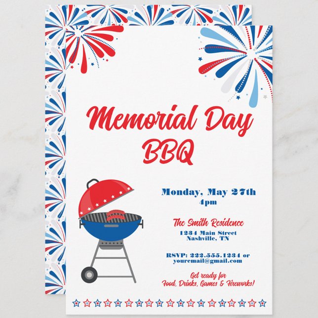 Invitation Memorial Day Party BBQ Patriotique Rouge Blanc Ble (Memorial Day BBQ Party Invitation, MDW Cookout Invite, Patriotic Summer Barbecue Party)