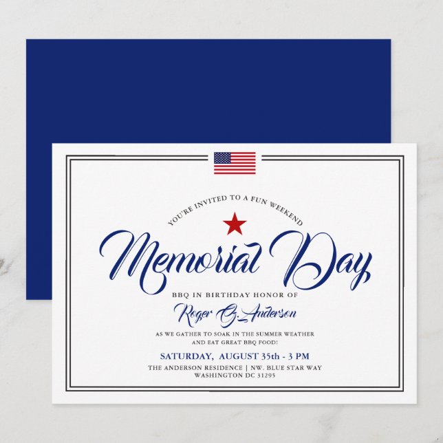 Invitation Memorial Day Theme Patriotique fête d'anniversaire (Devant / Derrière)