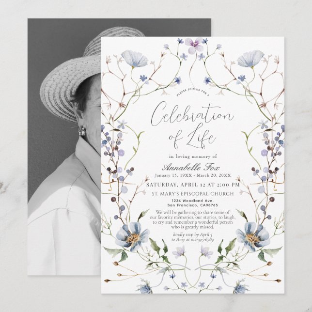 Invitation Mémorial funéraire du Fleur sauvage bleu (Devant / Derrière)