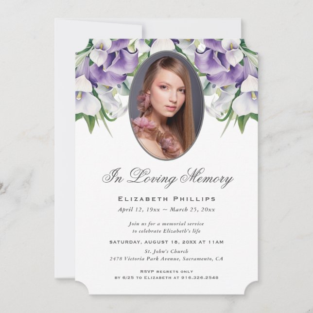 Invitation Mémorial funéraire photo blanc violet de Calla Lil (Devant)