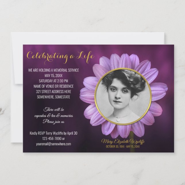 Invitation Mémorial Service Purple Daisy Gold Image (Devant)