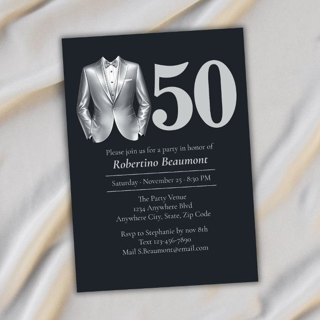 Invitation Men's Elegant Tuxedo Silver Black 50th Birthday (Créateur téléchargé)