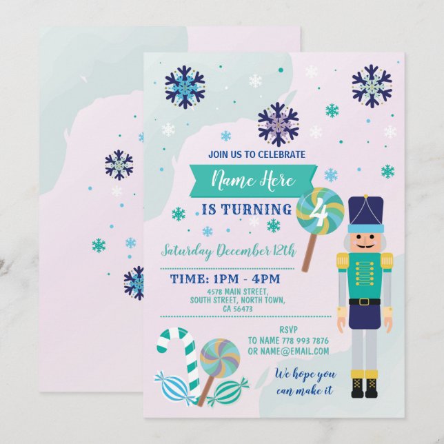 Invitation Menthe de bleu de Noël de jouet de casse-noix de (Devant / Derrière)